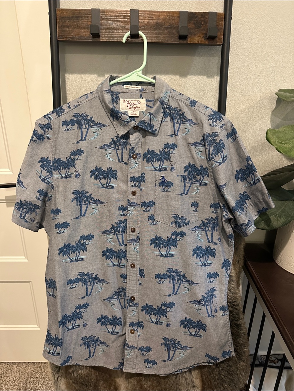 Original Penguin Gray Short-Sleeve Button-Down with Blue Palm Print